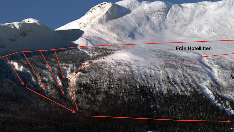 Björnfällan - Tittar du upp mot Kittelfjället nerifrån dalen kan du se den stora Bäckravinen lite snett lookers right nedanför mobilmasten.