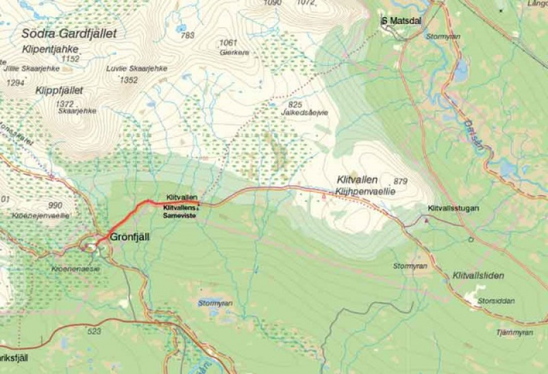 Leden startar i Grönfjäll ca 15km från Kittelfjäll mot Dikanäs - skyltat Grönfjäll. Du följer leden skyltad Klitvallen, stigen går genom skog och över ett antal bäckar, du passerar Grantonbäcken och efter en lätt vandring på ca 3km kommer du fram till ett övergivet sameviste.