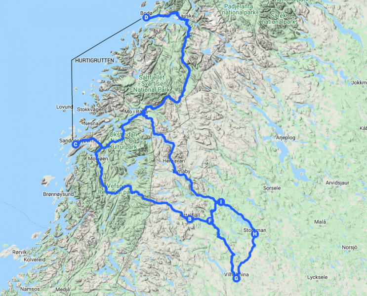 Res längs med Sagavägen till Kittelfjäll och sedan till Sandnessjön där du kan kliva på tur  Hurtigrutten som tar dig med båt längs med den sagolikt vackra kusten i Norge.