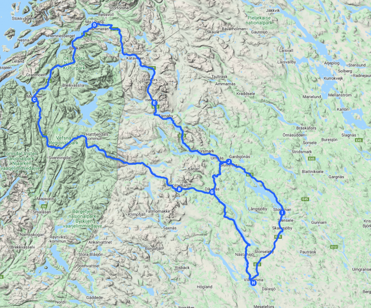 Res längs med Sagavägen till Kittelfjäll och sedan till Mosjön och Mo i Rana och sedan in via Umfors, Hemavan, Tärnaby.